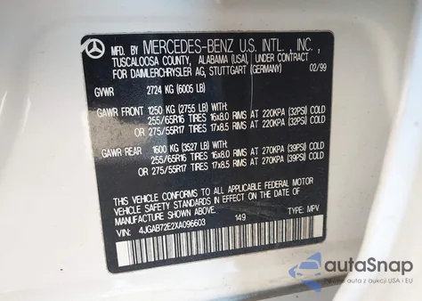 1999 Mercedes-Benz Ml 430 из США, поврежденный, VIN 4JGAB72E2XA096603